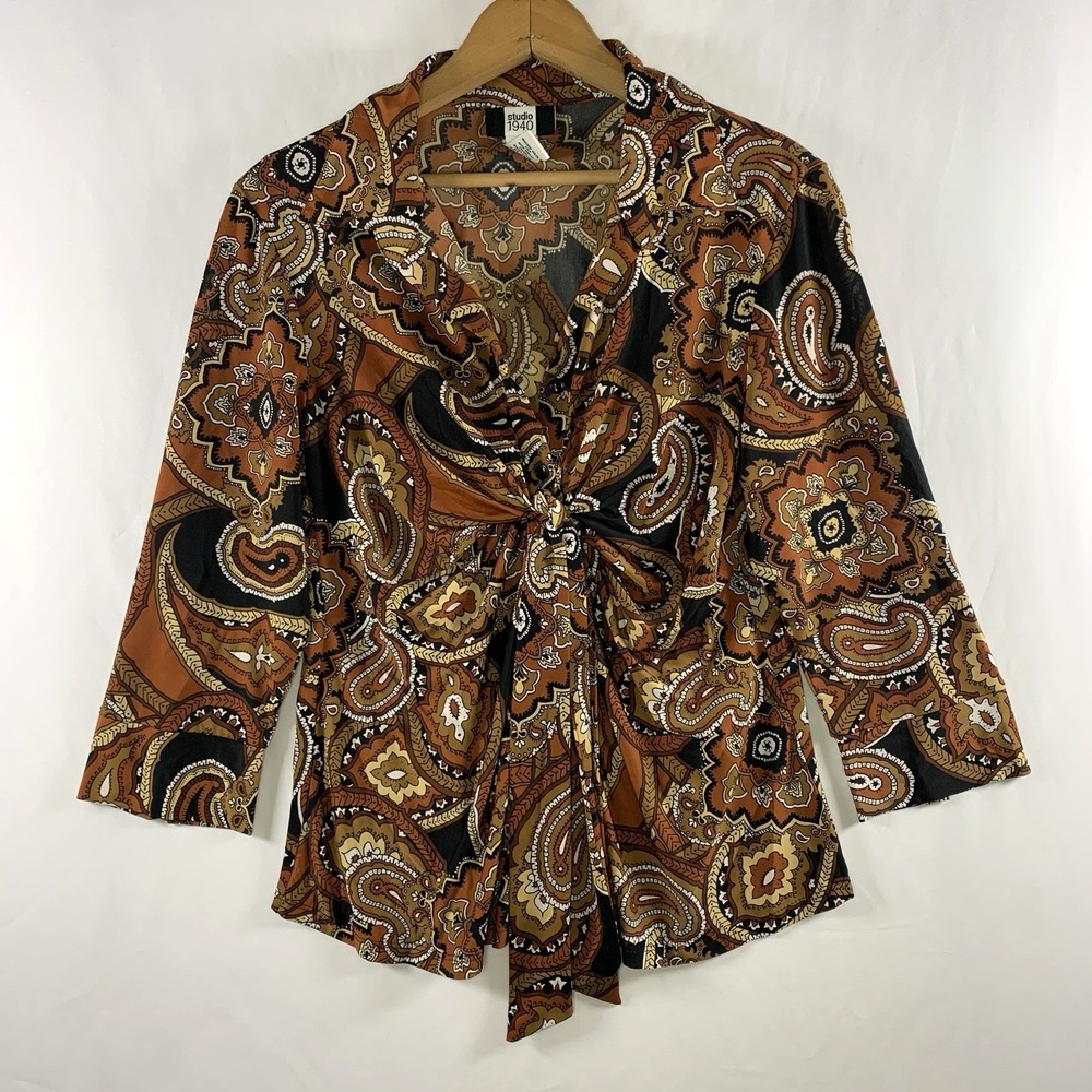 VTG 90s Womens Retro 70s Collared Paisley Top Size M Hippie Indie Grunge Stretch